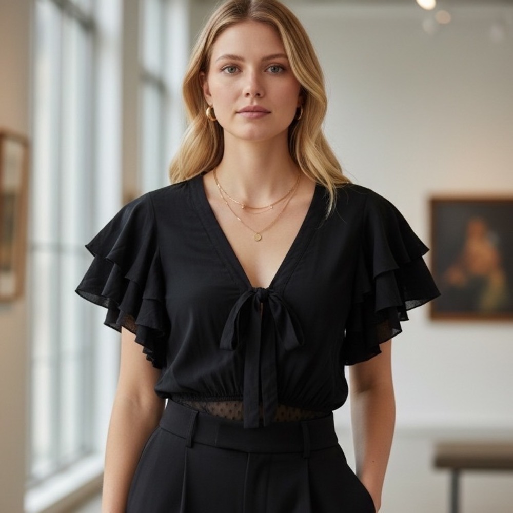 Free People Black Ruffle Sleeve Tie Front Bodysuit Fairy Witchy Flowy Girly XS